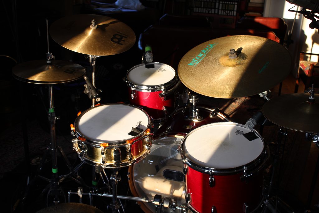 View of the drum kit from the back right
